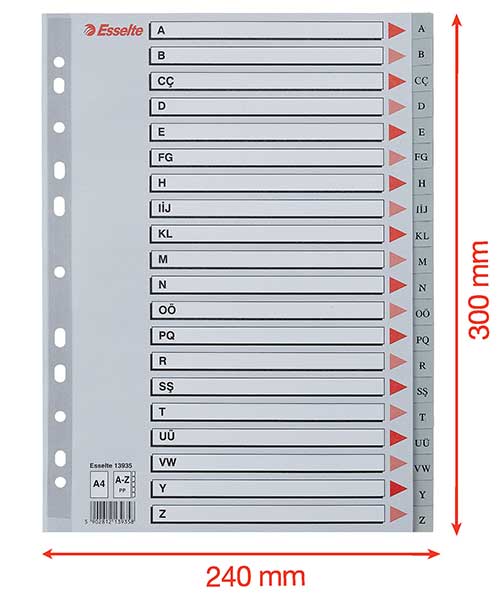 Esselte Separatör A4 A-Z  Alfabetik Gri 13935